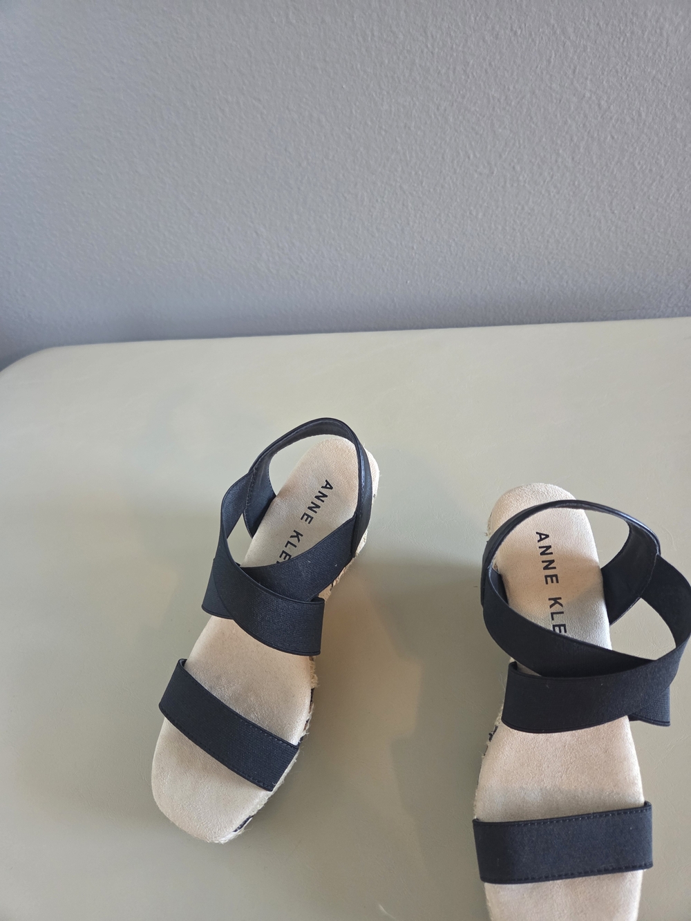 Anne Klein Black Elastic Strap Wedge Sandals